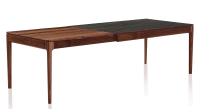 Table extensible 6 à 10 personnes en noyer et céramique allonges bois avec bois teinte naturelle et plateau céramique effet marbre noir 140x90 cm