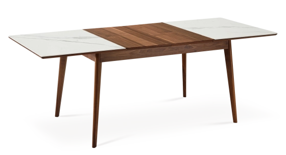Table extensible 6 à 12 personnes en noyer et céramique allonges bois avec bois teinte naturelle et plateau céramique effet marbre blanc 140x100 cm