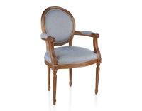 Antique Louis XVI style armchair with armrests aged wood stain and blue chevron fabric Antique Louis XVI style armchair with armrests aged wood stain and blue chevron fabric