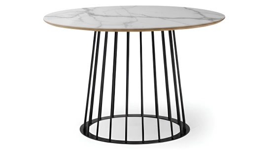 Table salle à manger ronde en chêne et céramique pied métal noir et plateau céramique effet marbre blanc 120x120