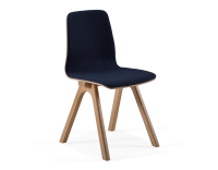 Upholstered oak designer chair natural tint wood, navy blue fabric seat Upholstered oak designer chair natural tint wood, navy blue fabric seat