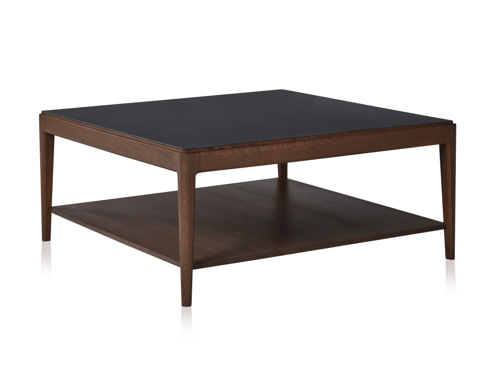 Table basse carrée en chêne et céramique avec tablette en bois teinte marron foncé plateau céramique brun oxydé 100x100 cm Table basse carrée en chêne et céramique avec tablette en bois teinte marron foncé plateau céramique brun oxydé 100x100 cm