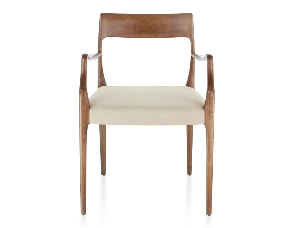 Scandinavian armchair with armrests walnut-stained wood, camel-coloured fabric seat Scandinavian armchair with armrests walnut-stained wood, camel-coloured fabric seat