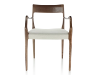 Chaise scandinave avec accoudoirs bois teinte marron foncé assise tissu beige naturel Chaise scandinave avec accoudoirs bois teinte marron foncé assise tissu beige naturel