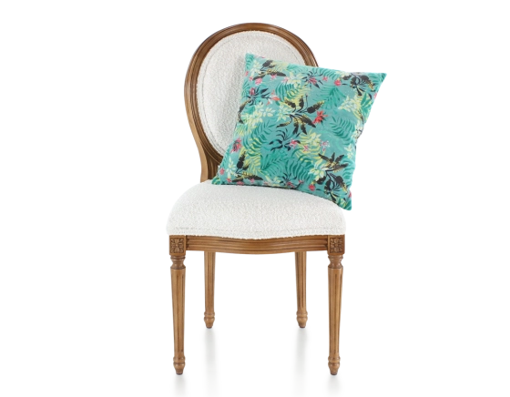 Antique Louis XVI style chair aged wood stain and white bouclé fabric