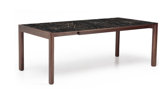 Table extensible 8 à 12 personnes en noyer et céramique allonges céramique bois teinte naturelle et céramique effet marbre noir m2 180x100 cm