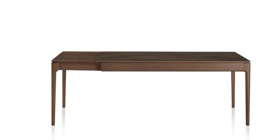 Table extensible en chêne et céramique allonges céramique avec bois teinte marron foncé et plateau et allonges céramique brun oxydé 140x90 cm