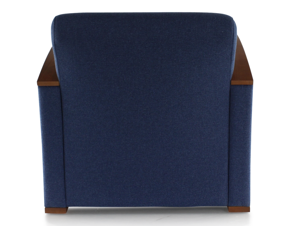 Fauteuil design bois teinte merisier et tissu bleu marine Fauteuil design bois teinte merisier et tissu bleu marine
