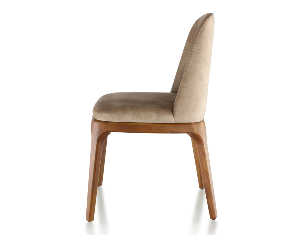 Designer chair cherry-stained wood and light taupe velvet fabric Designer chair cherry-stained wood and light taupe velvet fabric