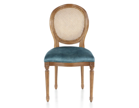 Antique Louis XVI style chair wood stained in an antique style, caned back, seat in petrol blue velvet fabric