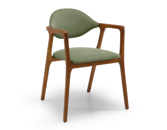 Chaise design avec accoudoirs bois teinte merisier et tissu vert