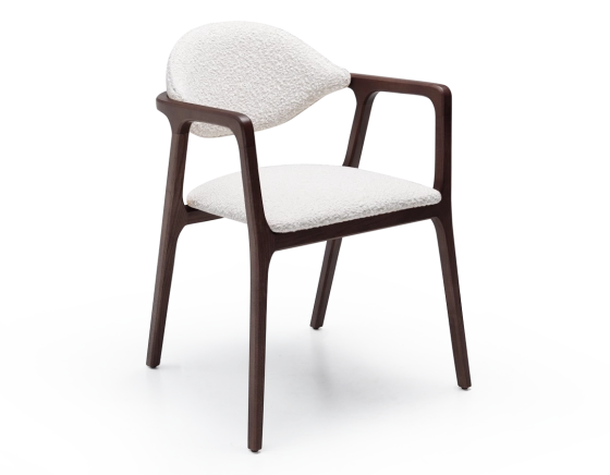 Designer armchair dark brown stained wood and white bouclé fabric.