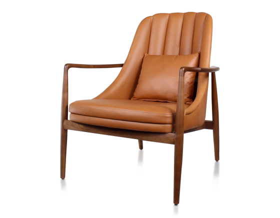 Fauteuil scandinave bois teinte merisier et cuir caramel