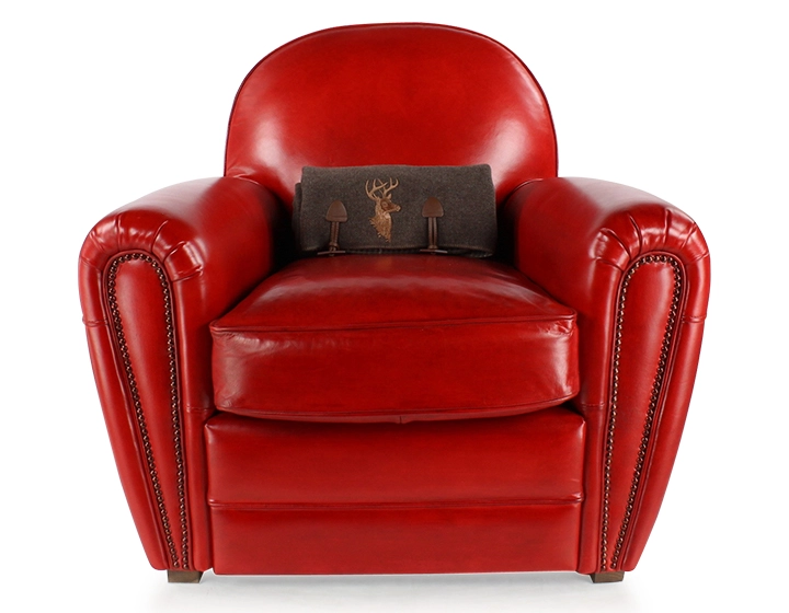 Leather club armchair red studded armrests Leather club armchair red studded armrests