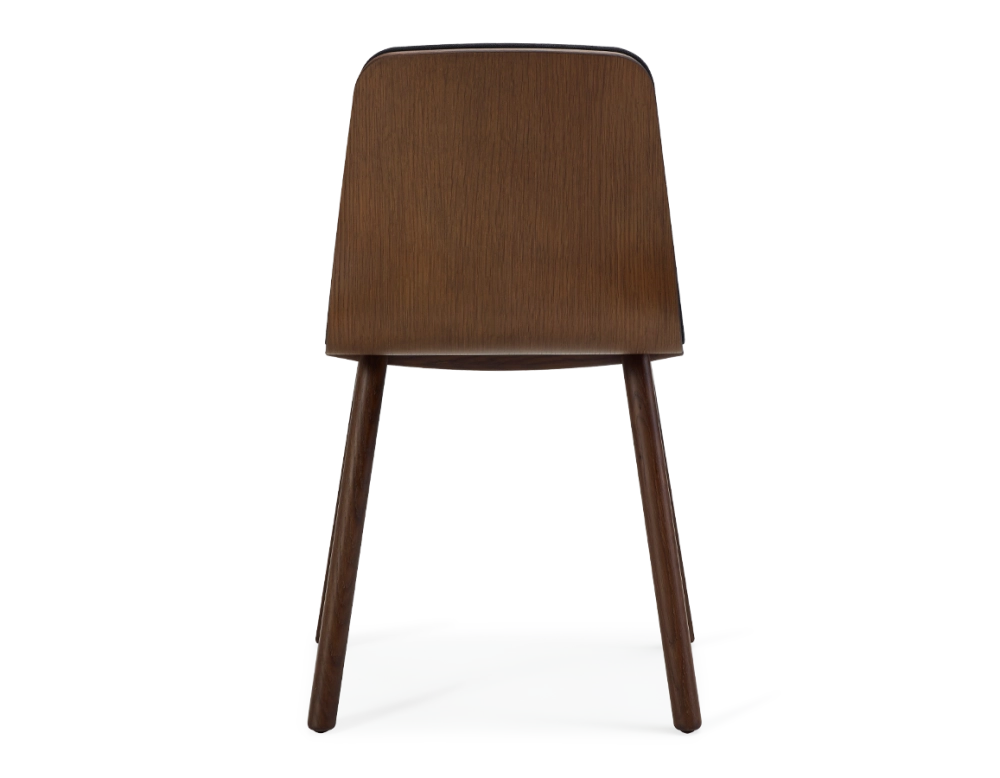 Chaise design en chêne tapissé bois teinte marron foncé assise tissu gris anthracite Chaise design en chêne tapissé bois teinte marron foncé assise tissu gris anthracite