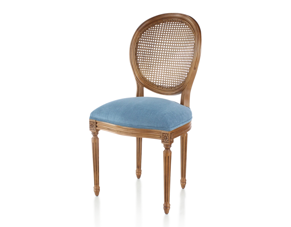 Chaise ancienne style Louis XVI bois teinte ancienne dossier canné assise tissu bleu jeans Chaise ancienne style Louis XVI bois teinte ancienne dossier canné assise tissu bleu jeans