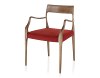 Chaise scandinave avec accoudoirs bois teinte noyer assise tissu bordeaux Chaise scandinave avec accoudoirs bois teinte noyer assise tissu bordeaux