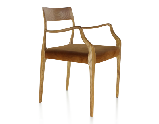 Chaise scandinave avec accoudoirs bois teinte merisier assise tissu velours bronze