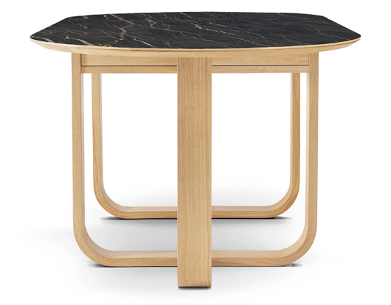 Table salle à manger en chêne et céramique 8 à 10 personnes avec bois teinte naturelle et plateau céramique effet marbre noir 210x100 cm