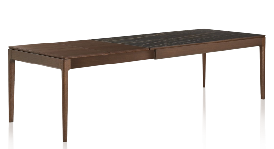 Table extensible 6 à 12 personnes en chêne et céramique allonges bois avec bois teinte marron foncé et plateau céramique effet marbre noir 140x100 cm