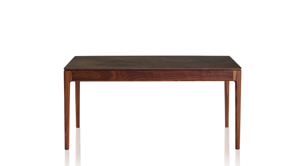 Table extensible 6 à 12 personnes en noyer et céramique allonges bois avec bois teinte naturelle et plateau céramique brun oxydé 140x100 cm Table extensible 6 à 12 personnes en noyer et céramique allonges bois avec bois teinte naturelle et plateau céramique brun oxydé 140x100 cm