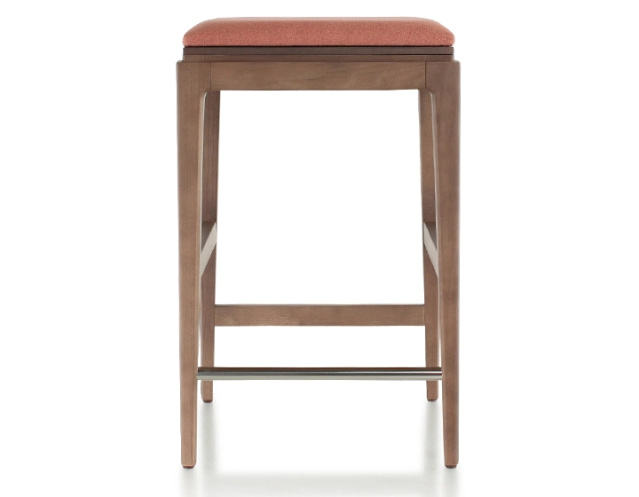 Tabouret de bar design H60 cm bois teinte noyer assise tissu rose corail Tabouret de bar design H60 cm bois teinte noyer assise tissu rose corail