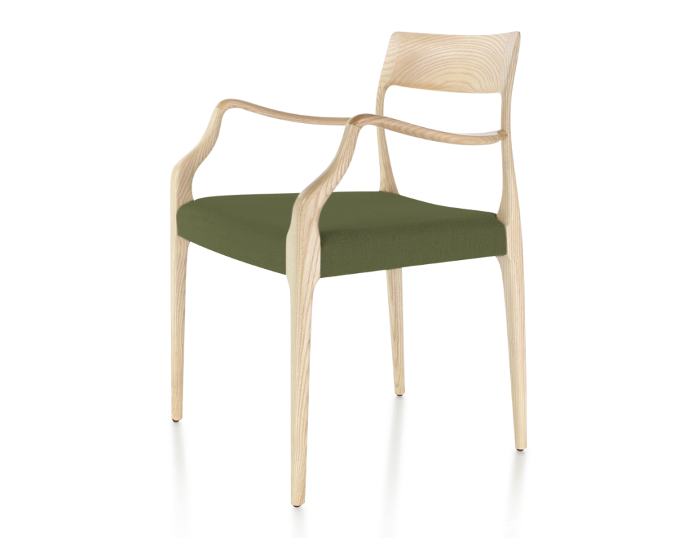 Chaise scandinave avec accoudoirs bois teinte naturelle assise tissu vert olive Chaise scandinave avec accoudoirs bois teinte naturelle assise tissu vert olive