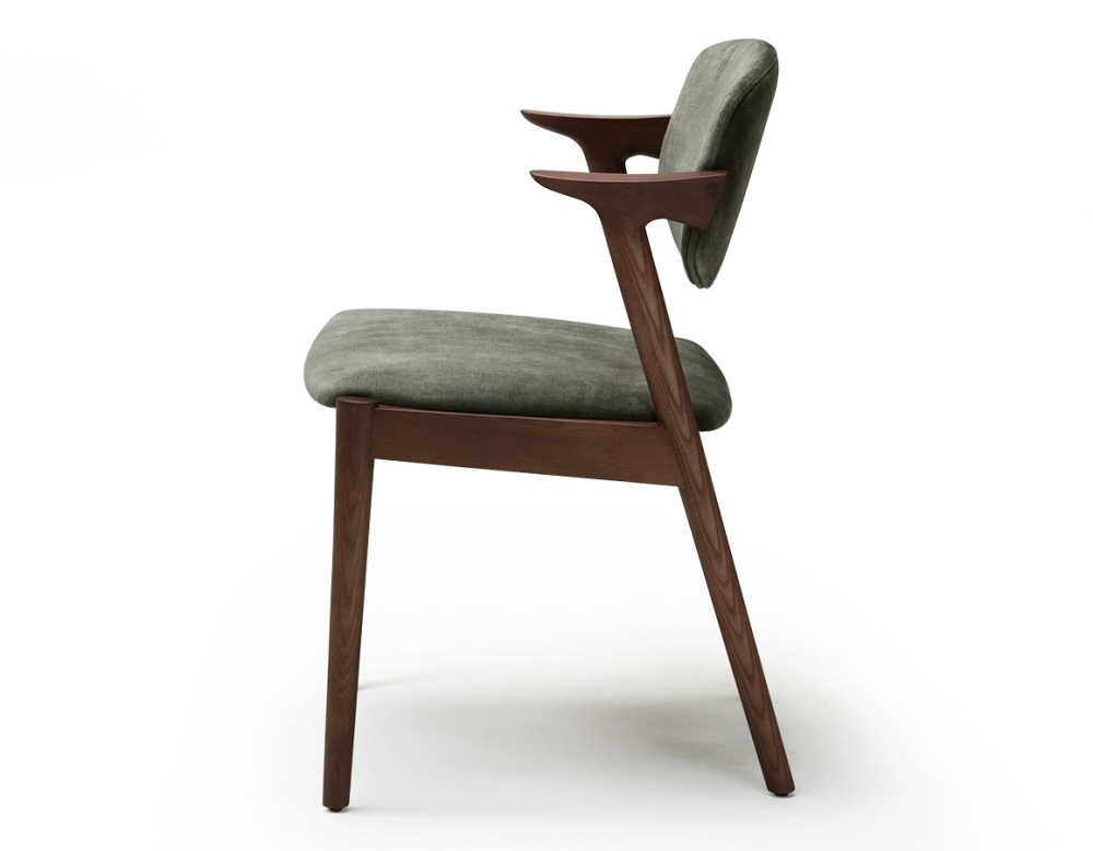 Scandinavian chair dark brown stained wood with forest green velvet seat. Scandinavian chair dark brown stained wood with forest green velvet seat.