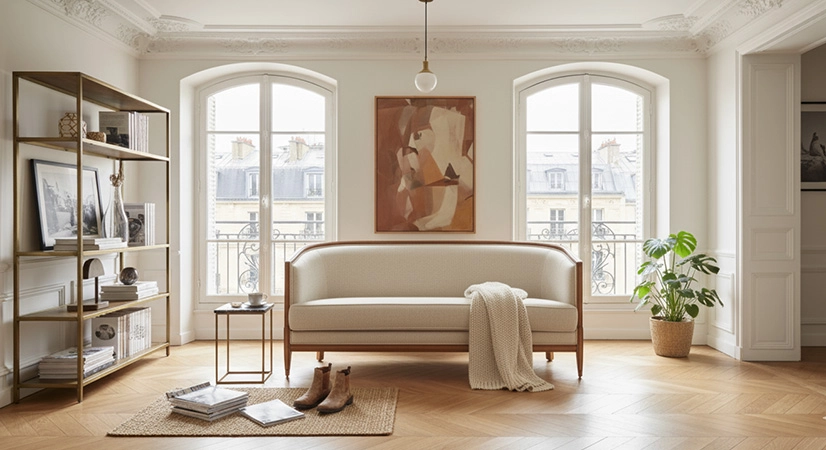 Canapé ancien 3 places bois teinte merisier et tissu beige naturel Canapé ancien 3 places bois teinte merisier et tissu beige naturel