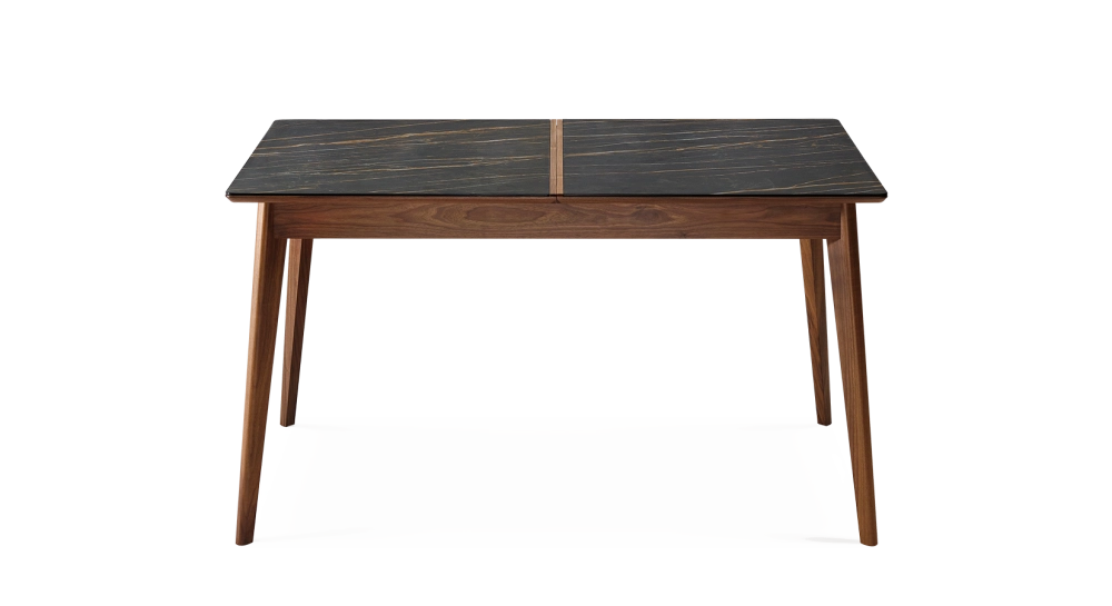 Table extensible 6 à 12 personnes en noyer et céramique allonges bois avec bois teinte naturelle et plateau céramique effet marbre noir 140x100 cm Table extensible 6 à 12 personnes en noyer et céramique allonges bois avec bois teinte naturelle et plateau céramique effet marbre noir 140x100 cm