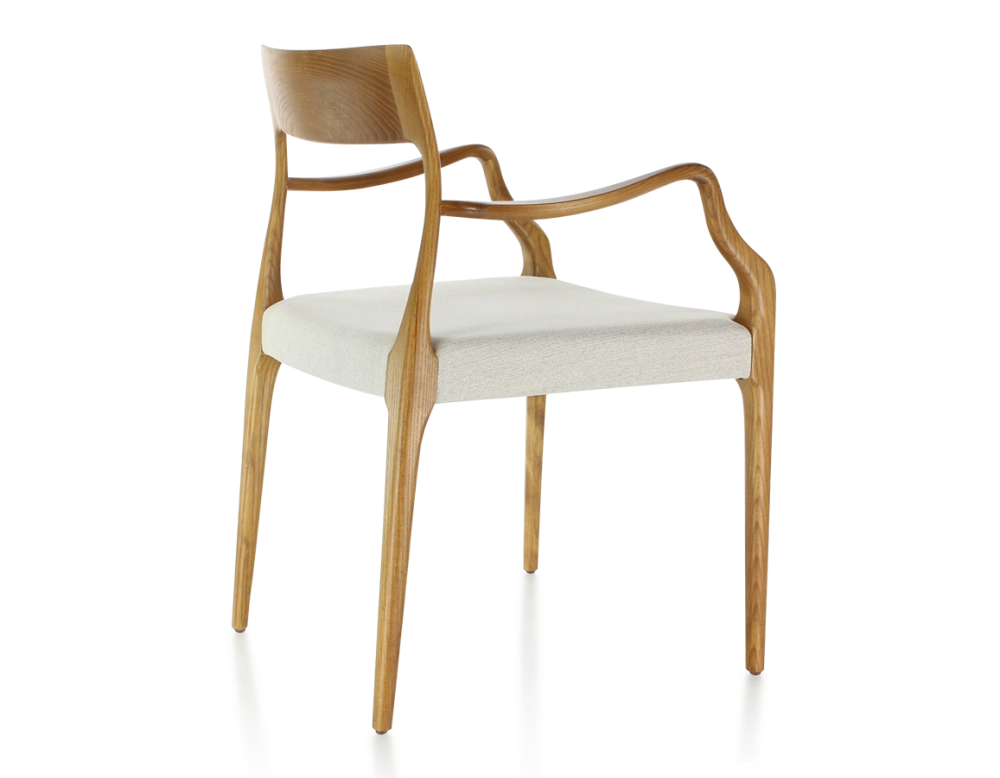 Chaise scandinave avec accoudoirs bois teinte merisier assise tissu beige naturel Chaise scandinave avec accoudoirs bois teinte merisier assise tissu beige naturel