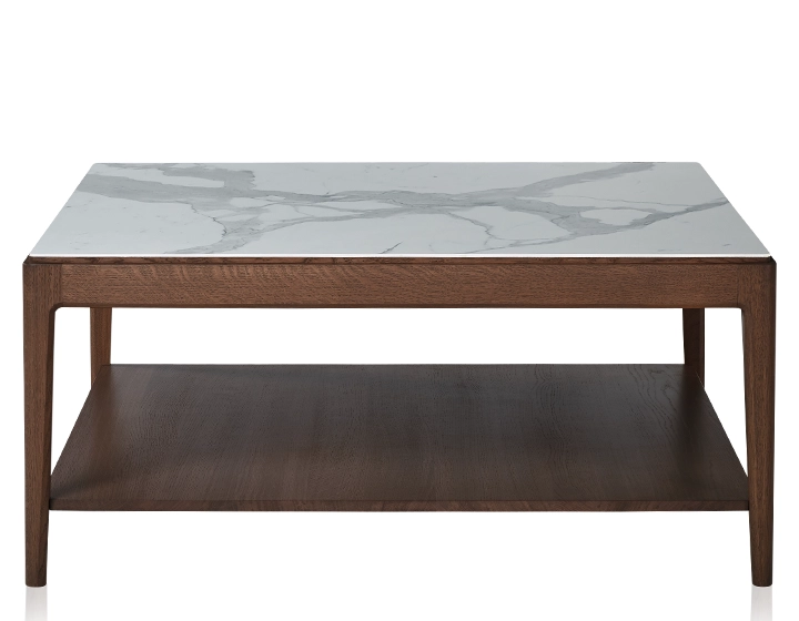 Table basse carrée en chêne et céramique avec tablette en bois teinte marron foncé plateau céramique effet marbre blanc 100x100 cm Table basse carrée en chêne et céramique avec tablette en bois teinte marron foncé plateau céramique effet marbre blanc 100x100 cm