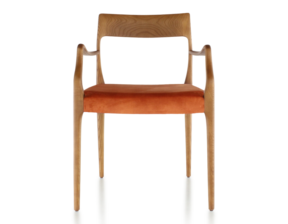 Scandinavian armchair with armrests cherry-stained wood, terracotta velvet seat Scandinavian armchair with armrests cherry-stained wood, terracotta velvet seat