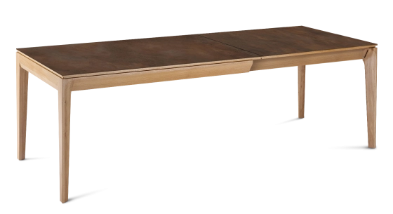 Table extensible 8 à 12 personnes en chêne et céramique allonges céramique avec bois teinte naturelle et plateau et allonges céramique brun oxydé 180x100 cm