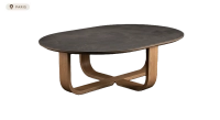 Table basse ovale en chêne et céramique avec bois teinte vintage plateau céramique effet brun oxydé 120x80 cm