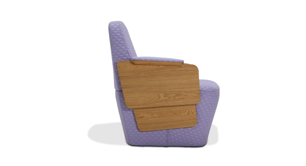 Fauteuil design avec accoudoirs chêne teinte naturelle assise tissu mauve Fauteuil design avec accoudoirs chêne teinte naturelle assise tissu mauve