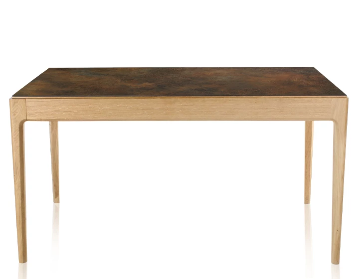 Table salle à manger en chêne et céramique 8 personnes avec bois teinte naturelle et plateau céramique brun oxydé 210x100 cm