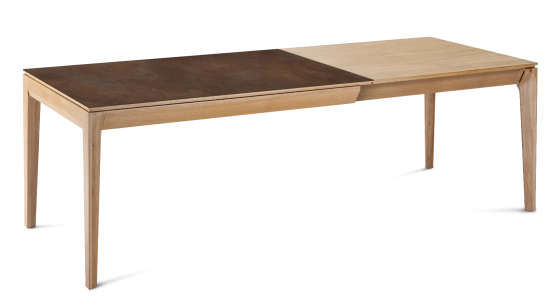 Table extensible 8 à 12 personnes en chêne et céramique allonges bois avec bois teinte naturelle et plateau céramique brun oxydé 210x90 cm