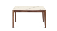Table extensible 8 à 12 personnes en noyer et céramique allonges céramique avec bois teinte naturelle et plateau et allonges céramique effet marbre blanc 180x100 cm
