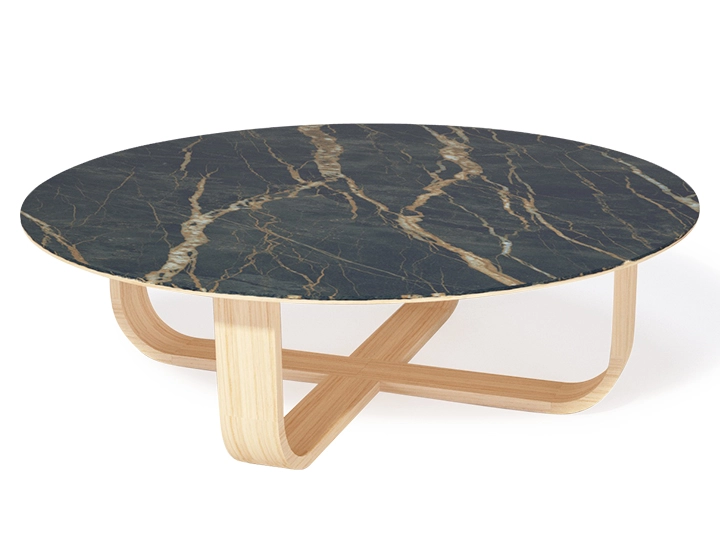 Table basse ronde en chêne et céramique avec bois teinte naturelle plateau céramique effet marbre noir 100 cm Table basse ronde en chêne et céramique avec bois teinte naturelle plateau céramique effet marbre noir 100 cm