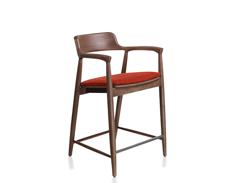 Tabouret de bar h60 cm bois teinte noyer assise tissu orange brulé Tabouret de bar h60 cm bois teinte noyer assise tissu orange brulé
