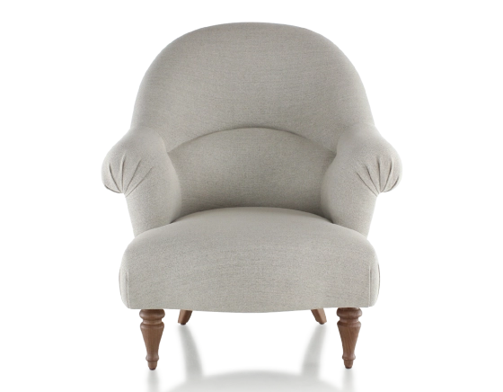 Fauteuil crapaud avec accoudoirs pieds bois teinte noyer et tissu beige naturel moyen dossier