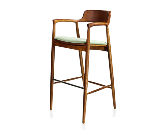 Tabouret de bar h80 cm bois teinte merisier assise tissu vert