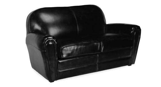 2 seater leather club sofa black piped armrests