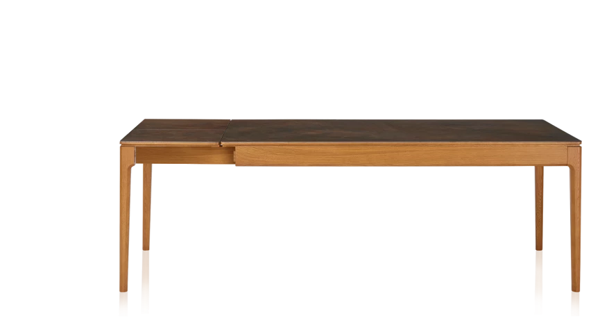 Table extensible en chêne et céramique 6 à 10 personnes allonges céramique avec bois teinte merisier et plateau et allonges céramique brun oxydé 140x90 cm
