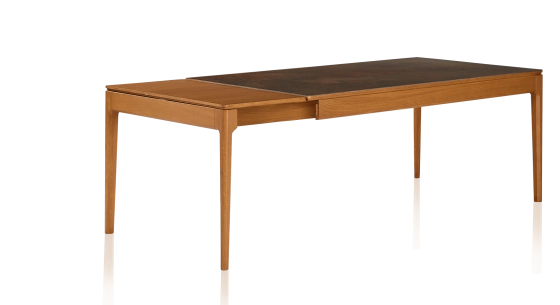 Extendable table for 8 to 14 people in oak and ceramic with wooden extensions with cherry-stained wood and oxidised brown ceramic top 210x100 cm