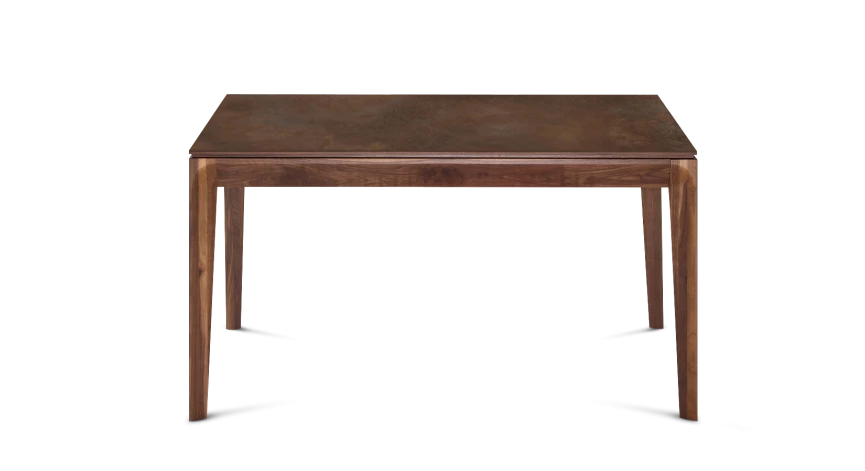 Table extensible 6 à 10 personnes en noyer et céramique allonges bois avec bois teinte naturelle et plateau céramique brun oxydé 140x90 cm