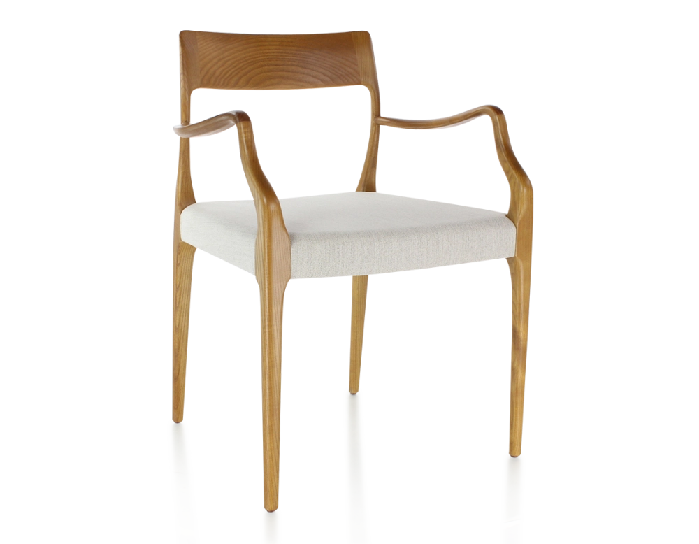 Chaise scandinave avec accoudoirs bois teinte merisier assise tissu beige naturel Chaise scandinave avec accoudoirs bois teinte merisier assise tissu beige naturel