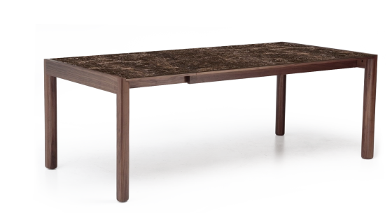 Extending table for 8 to 14 people in walnut and ceramic with ceramic extensions natural wood finish and brown marble-effect ceramic 210x100 cm