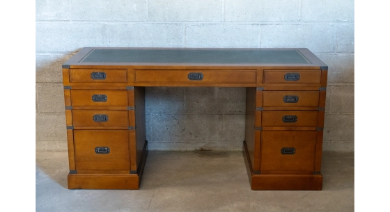 Navy desk in wood and leather bois teinte merisier et cuir vert